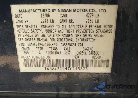 2007 Nissan Altima 2.5 S from USA, damaged, VIN 1N4AL21E47C143873